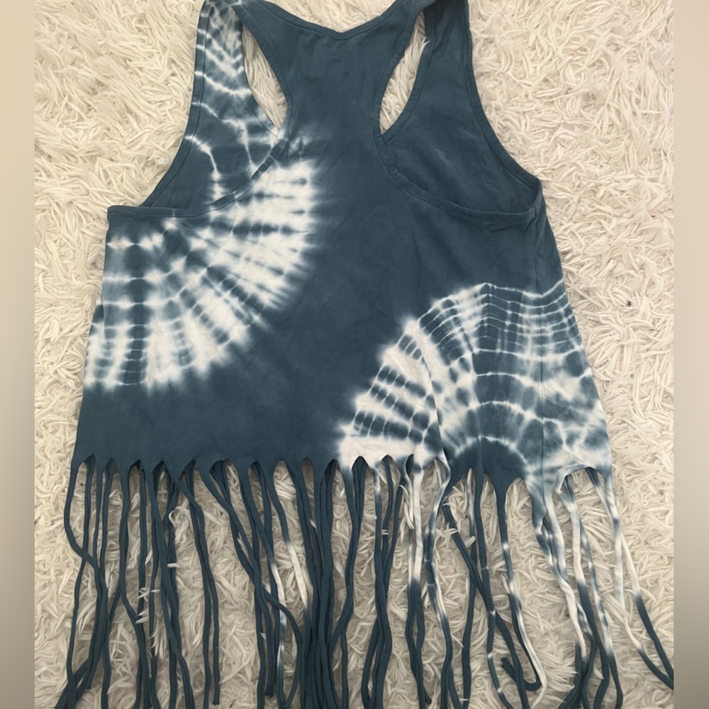 Tye dye blue and white crop top with tassel.